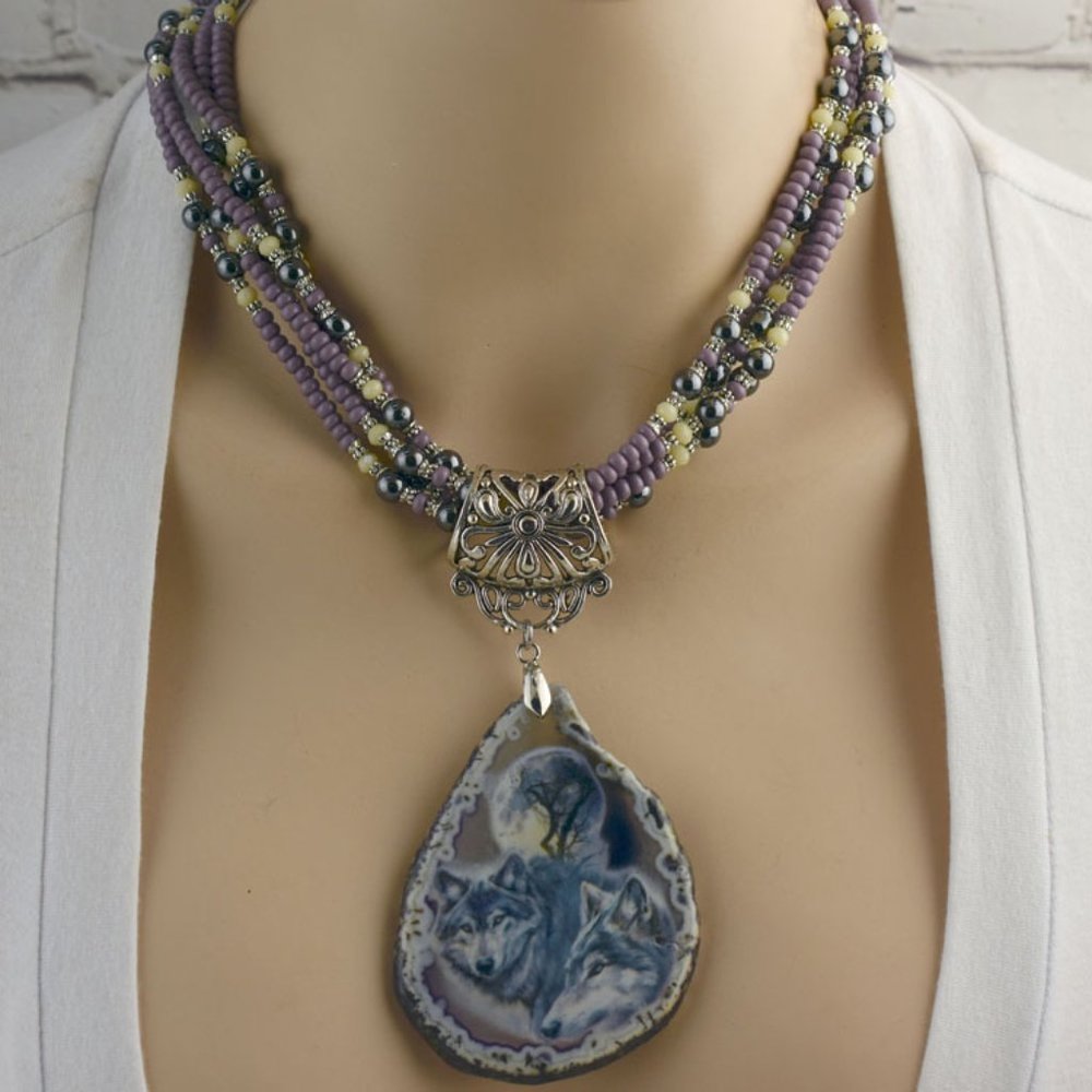 Mystique Wolf Agate Geode Necklace Earring Set